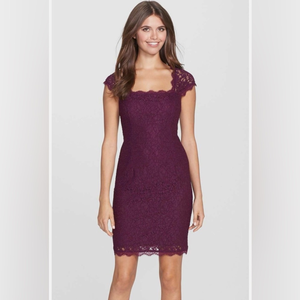 Adrianna Papell Plum Lace Cap-Sleeve Midi Dress